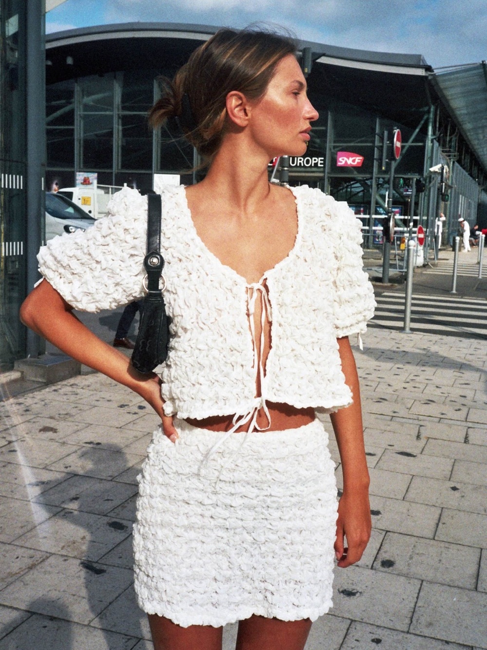RARE Maison Cleo Handmade Anne Ruffled White Textured Knit Top & Mini Skirt Set